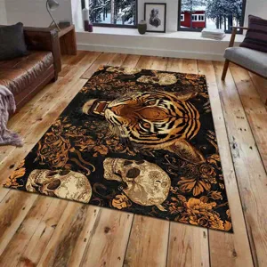 Large living room area rug with tiger and skull print, non-slip gothic floor mat for bedroom sofa.