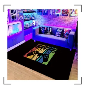 Gaming rug for living room video game room decor, durable black floor mat with controller print.
