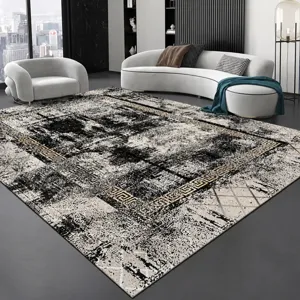Detailed view of modern minimalist abstract grey living room carpet in elegant home setting.