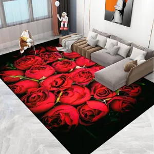 Vista detallada de la gran alfombra con patrón de rosas rojas, ideal para la sala de estar.