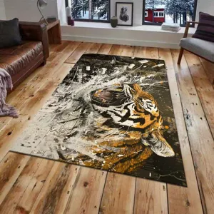 Modern living room large area rug featuring fierce tiger splash ink art design for bedroom floor.