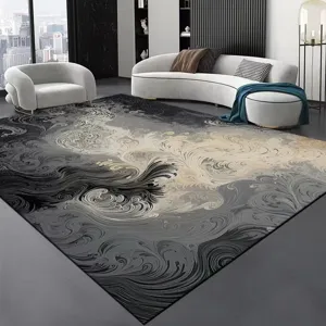 Moderne tapis de salon abstrait noir et blanc style encre, tapis de sol en velours doux.