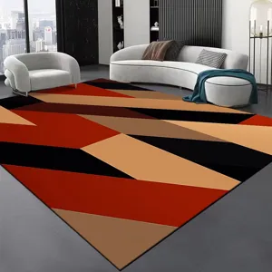 Vista dettagliata di un tappeto geometrico astratto moderno in soggiorno con blocchi di colore.