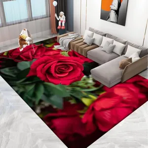 Gran alfombra de sala de estar con rosas rojas 3D, alfombrilla antideslizante moderna.