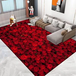 Gran alfombra de sala de estar con estampado de rosas rojas 3D antideslizante suelo