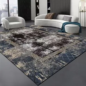Modern minimalist gray living room rug with abstract vintage distressed pattern for home decor.