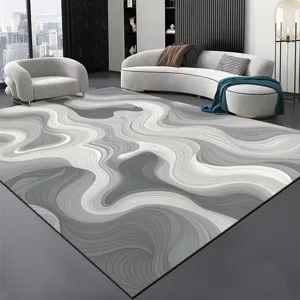 Tapis abstrait moderne noir et blanc à motif de vagues pour salon, tapis de sol doux et durable.