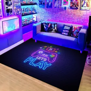 Gaming area rug with neon controller graphic, stylish esports room floor decor mat.