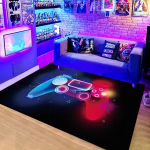 Gaming controller area rug for living room, neon e-sports style floor mat for game room decor.