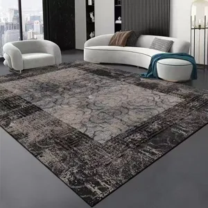 Modern minimalist grey living room area rug vintage distressed carpet for bedroom and sofa.