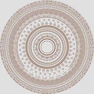 Vue détaillée d'un tapis rond au design bohème avec des motifs géométriques tribaux.