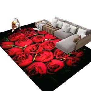 Gran alfombra de salón con rosas rojas 3D, alfombra floral negra antideslizante para decoración sofá