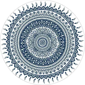 Vue détaillée du tapis rond de style bohème avec un motif de mandala bleu et blanc.