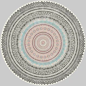 Vue en détail d'un tapis rond vintage style bohème imitation cachemire à motif mandala.