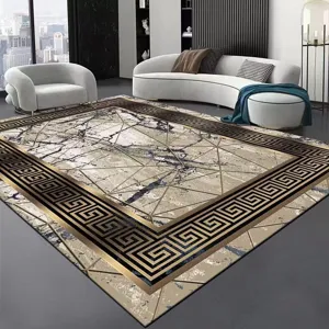 Modern minimalist living room carpet detail showing luxury marble texture and gold geometric border.