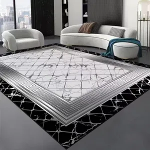 Modern minimalist grey living room large area rug with marble pattern and geometric border.