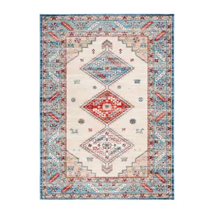 Vintage bohemian style Persian area rug featuring classic geometric diamond patterns and floral border.