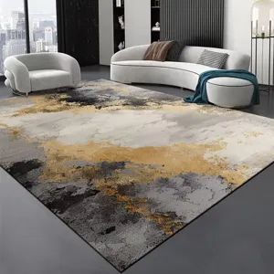 Tapis de salon abstrait moderne noir blanc or style encre velours cristal sol antidérapant