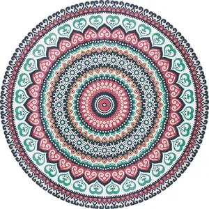 Vue détaillée d'un tapis mandala rond bohème aux motifs de cœurs rétro colorés et texture douce.