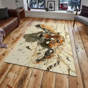 Modern living room rug with abstract tiger art print, non-slip large area bedroom floor carpet.