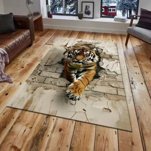 3D tiger pattern living room carpet, realistic cracked wall visual effect, anti-slip floor mat.