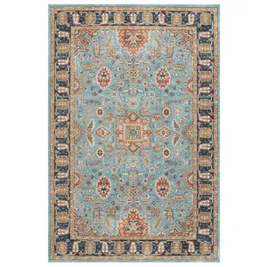 Vintage Persian area rug, bohemian style blue carpet for living room, bedroom and sofa decor.