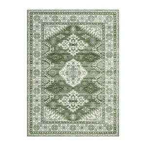 Detailed view of vintage Persian bohemian style green and white patterned decorative area rug.