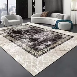 Modern minimalist gray living room carpet with durable dark center and geometric border.