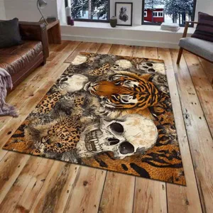 Large area living room rug with bold tiger and skull print, anti-slip bedroom floor carpet.