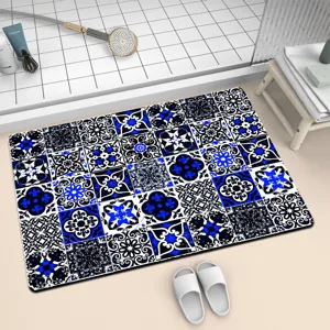 Tappeto bagno in terra diatomacea piastrelle blu e bianco, antiscivolo asciugatura rapida.