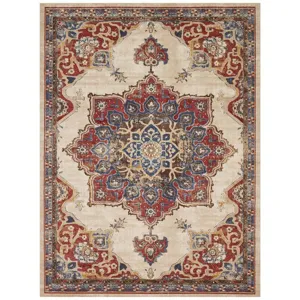 Detailed view of the vintage Persian bohemian style rug featuring intricate floral medallion patterns.