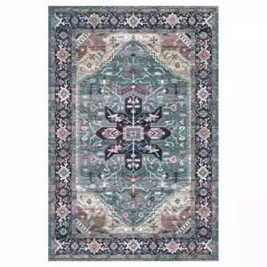 Detailed view showing intricate Persian bohemian vintage rug patterns with rich teal and pink tones.
