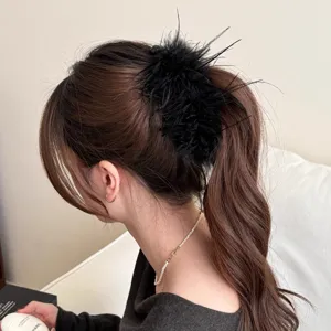 Detailed shot of an elegant black feather hair claw clip worn in a stylish ponytail, lifestyle closeup.