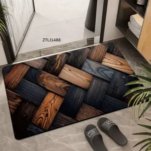 Detailed view of wooden pattern anti-slip floor mat in home entryway and hallway setup.