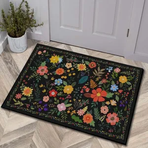 Details of the floral cashmere-like anti-slip doormat with vibrant botanical print.