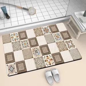 Absorbent diatomaceous earth bath mat with non-slip backing and vintage tile pattern for bathroom.