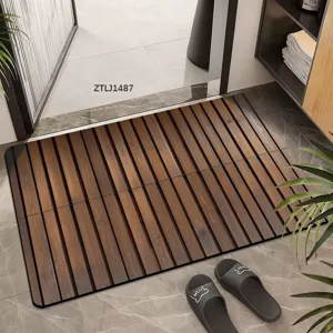 Detailed view of the anti-slip wooden pattern doormat, perfect for entryway and bathroom use.