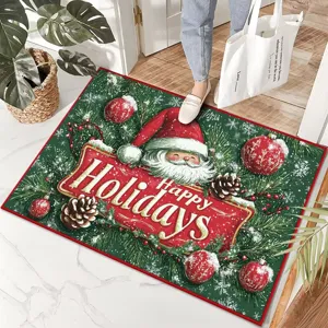 Close-up view of Christmas doormat with Santa Claus pattern, ideal for festive home entrance decor.