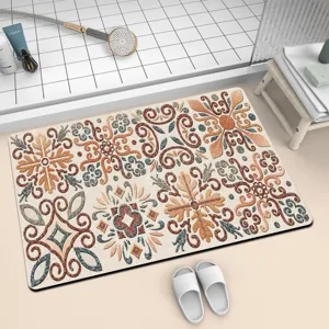 Detailed close-up view of bohemian floral diatomaceous earth bath mat for bathroom.
