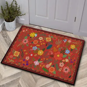 Floral Print Non-Slip Area Rug Faux Cashmere Floor Mat Washable Soft Carpet For Living Room Bedroom Bathroom Home Decor
