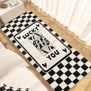 Black and white checkered rug with lucky you card design, soft floor mat for bedroom.