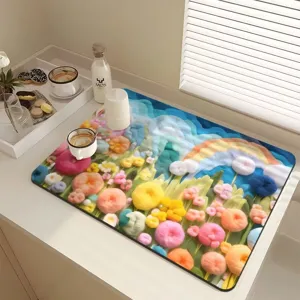 Detailed view of the 3D floral absorbent draining mat styled on a bright cozy kitchen table.