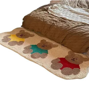 Cute bear bedside rug for bedroom, plush faux cashmere carpet, anti-slip floor mat.
