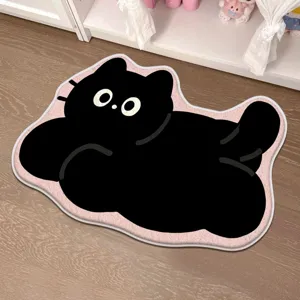 Cute black cat shaped plush area rug non slip soft bedroom bedside floor mat decor