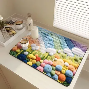 3D floral absorbent draining mat for kitchen countertop, cute table placemat, fast drying.
