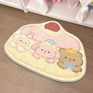 Detailed view of a cute irregular cashmere-like bedside mat, featuring sweet cartoon patterns.