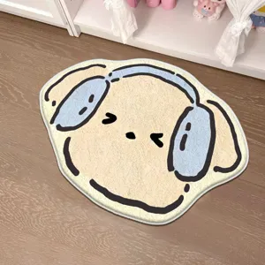 Cute cartoon dog shaped non-slip cashmere-like bedroom floor mat detail view.