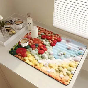 3D floral absorbent draining mat for kitchen countertop, stylish anti-slip tableware drying mat.