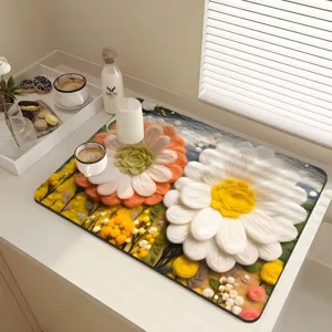 3D floral kitchen draining mat absorbent countertop placemat for tableware and cups.