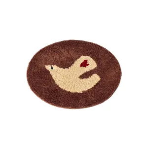 Oval brown fleece rug with cute bird pattern, soft non-slip floor mat for bedroom and living room